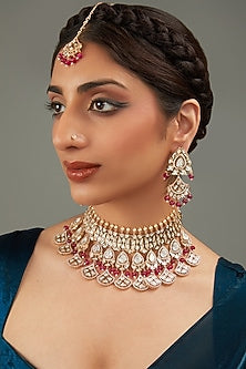 Gold Plated Kundan Polki & Red Beaded Necklace Set