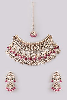 Gold Plated Kundan Polki & Red Beaded Necklace Set