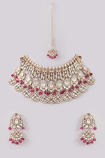 Gold Plated Kundan Polki & Red Beaded Necklace Set