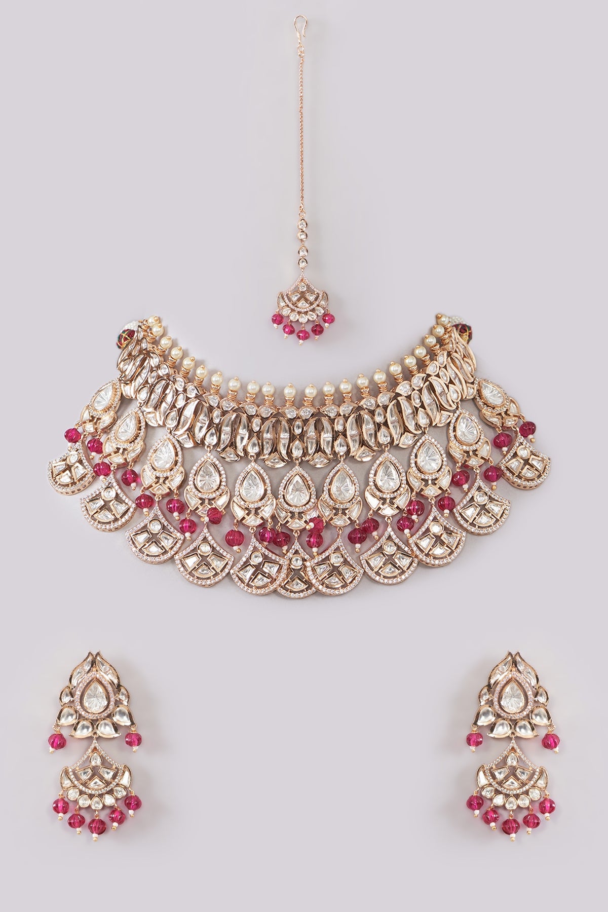 Gold Plated Kundan Polki & Red Beaded Necklace Set