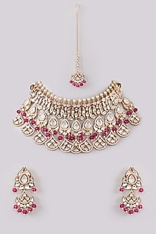 Gold Plated Kundan Polki & Red Beaded Necklace Set