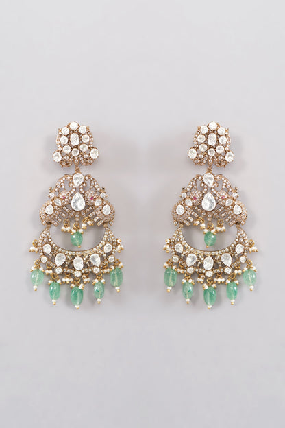 Gold Plated Green Kundan Polki Chandbali Earrings