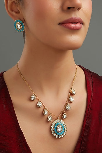 Gold Plated Blue Kundan Polki Handcrafted Necklace Set