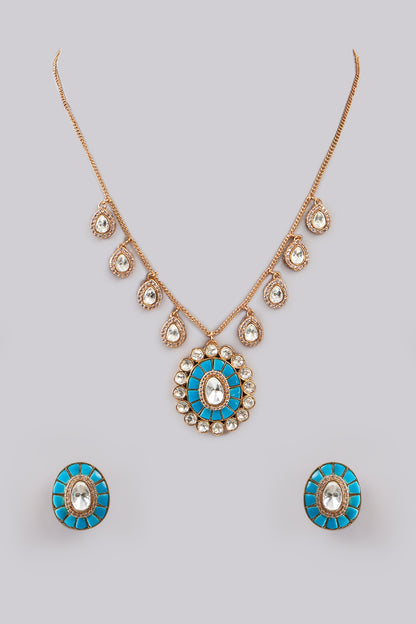Gold Plated Blue Kundan Polki Handcrafted Necklace Set