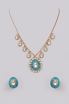 Gold Plated Blue Kundan Polki Handcrafted Necklace Set