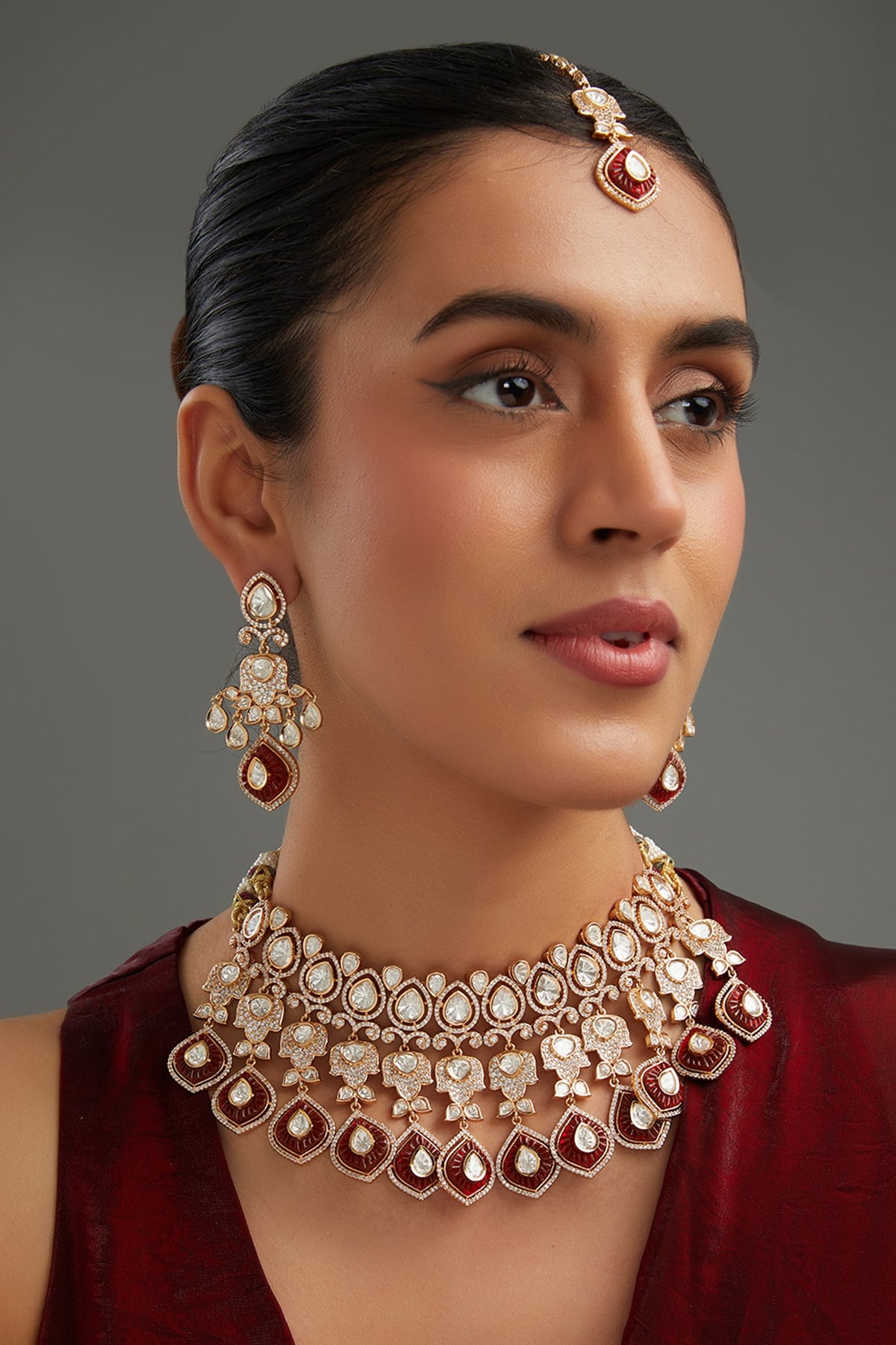 Gold Plated Red Kundan Polki Handcrafted Necklace Set