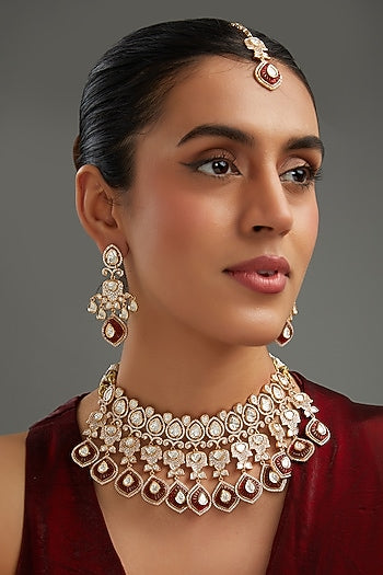 Gold Plated Red Kundan Polki Handcrafted Necklace Set