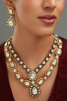Gold Plated Black & Yellow Kundan Polki Handcrafted Necklace Set