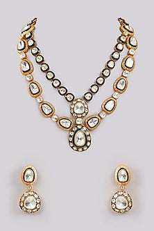 Gold Plated Black & Yellow Kundan Polki Handcrafted Necklace Set