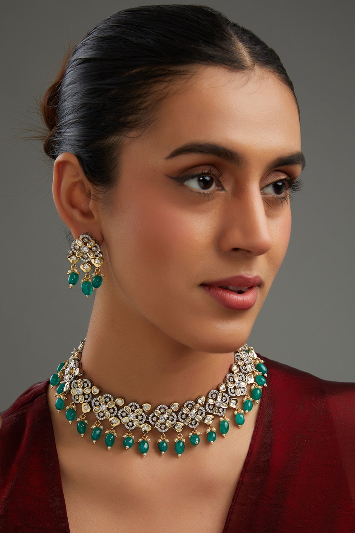 White Rhodium Finish Green Zircon Necklace Set