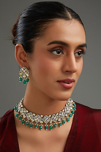 White Rhodium Finish Green Zircon Necklace Set