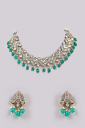 White Rhodium Finish Green Zircon Necklace Set
