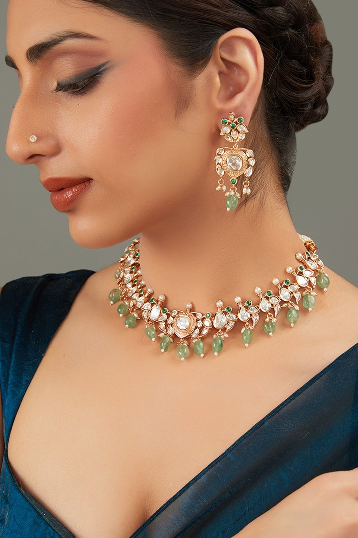 Gold Plated Green Kundan Polki Handcrafted Necklace Set
