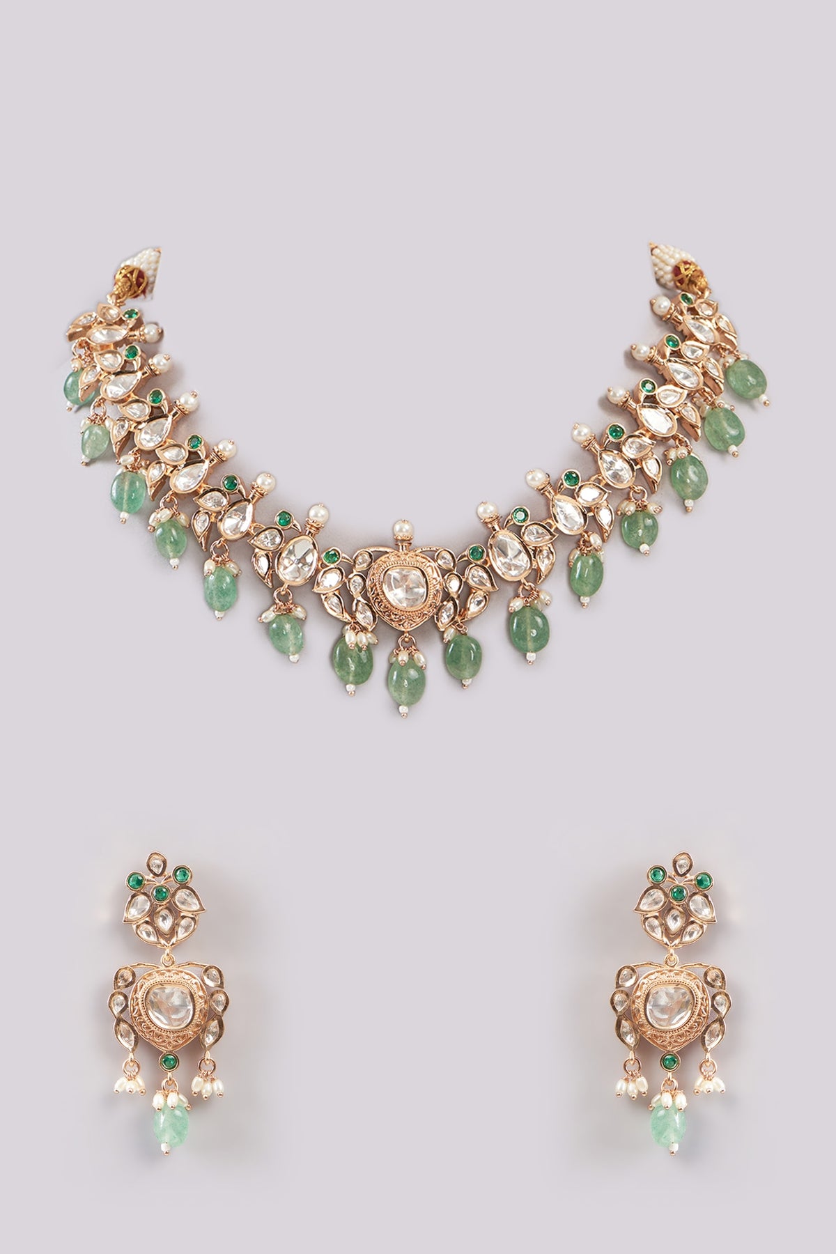 Gold Plated Green Kundan Polki Handcrafted Necklace Set