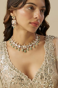 Gold Finish Emerald Stone & Pearl Necklace Set