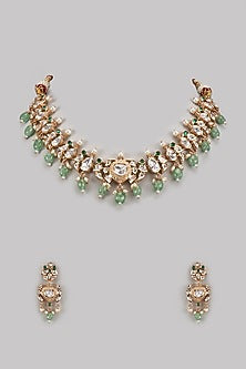 Gold Finish Emerald Stone & Pearl Necklace Set