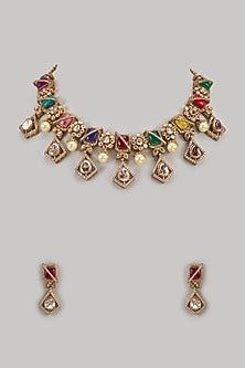 Gold Finish Emerald Drop & Pearl Necklace Set