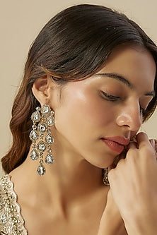 Gold Finish Cluster Diamond Dangler Earrings