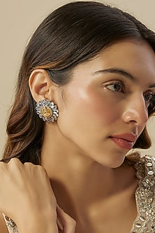 Gold Finish Black Stone & Pearl Floral Stud Earrings