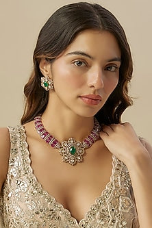 Gold Finish Emerald & Ruby Stone Floral Necklace Set