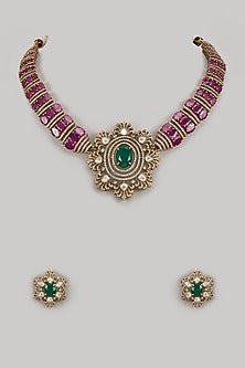 Gold Finish Emerald & Ruby Stone Floral Necklace Set