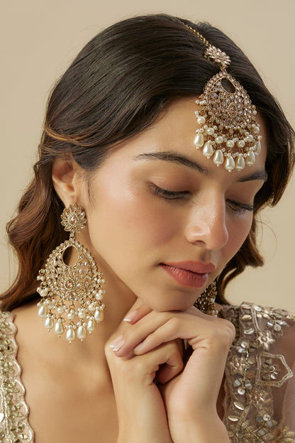 Gold Finish Pearl Chandbali Earrings With Maang Tikka
