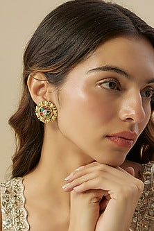 Gold Finish Multi-Colored Stone Stud Earrings