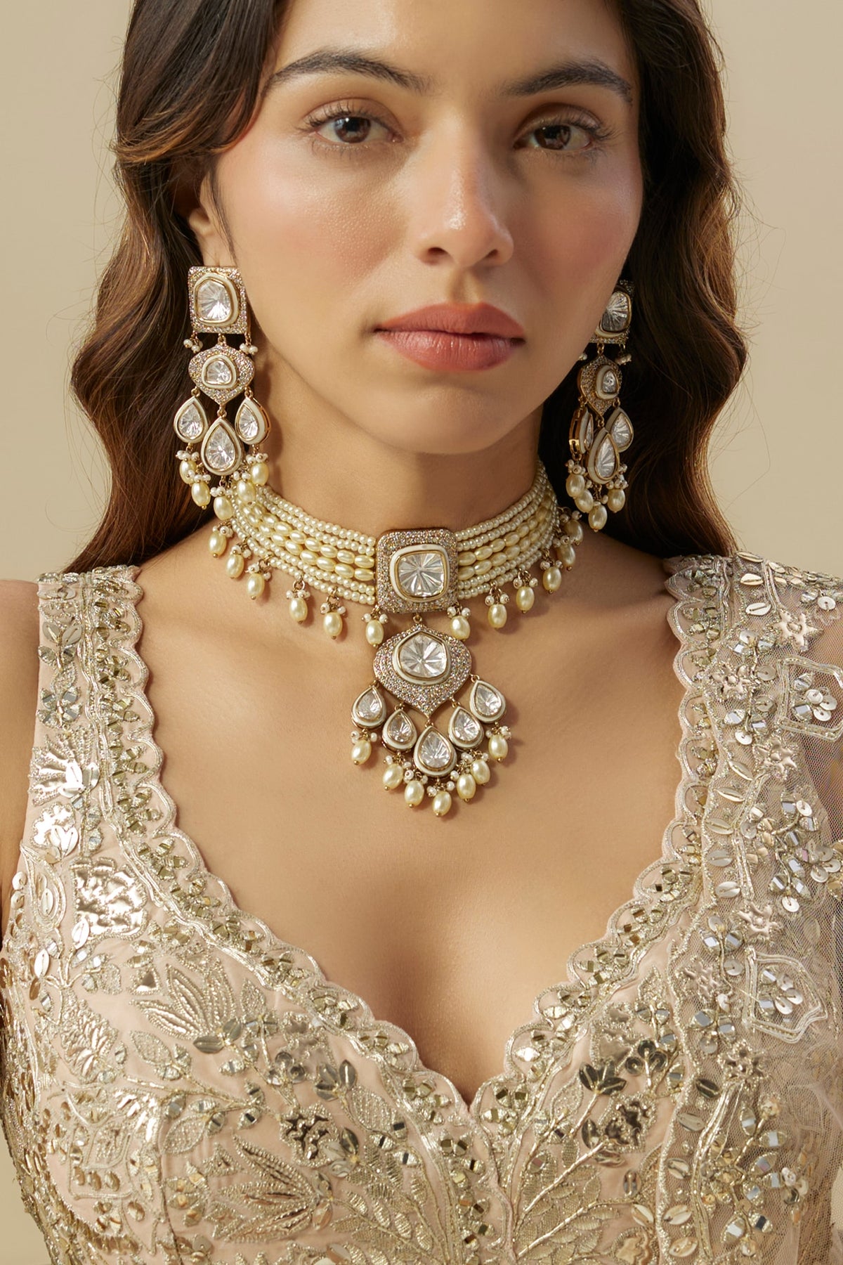 Gold Finish Crystal Stone & Pearl Choker Necklace Set