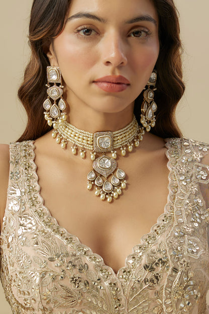 Gold Finish Crystal Stone & Pearl Choker Necklace Set
