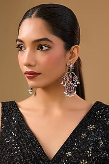 Gold Finish Pink Stone & Crystal Dangler Earrings