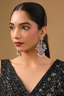 Gold Finish Pink Stone & Crystal Dangler Earrings