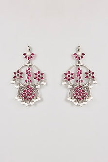Gold Finish Pink Stone & Crystal Dangler Earrings