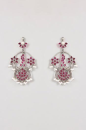 Gold Finish Pink Stone & Crystal Dangler Earrings