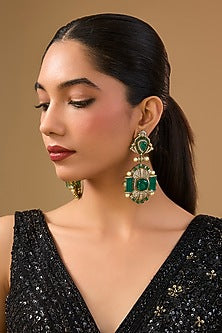 Gold Finish Emerald Green Gemstone & Pearl Dangler Earrings