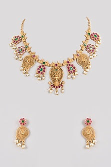 Gold Finish Emerald & Ruby Stone Temple Necklace Set