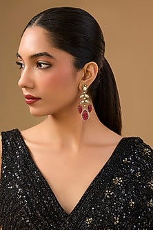Gold Finish Ruby Gemstone & Pearl Dangler Earrings