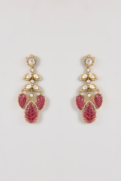 Gold Finish Ruby Gemstone & Pearl Dangler Earrings