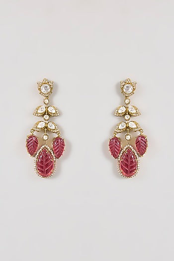 Gold Finish Ruby Gemstone & Pearl Dangler Earrings