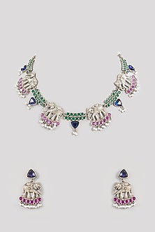 Gold Finish Sapphire Blue Stone & Elephant Motif Necklace Set