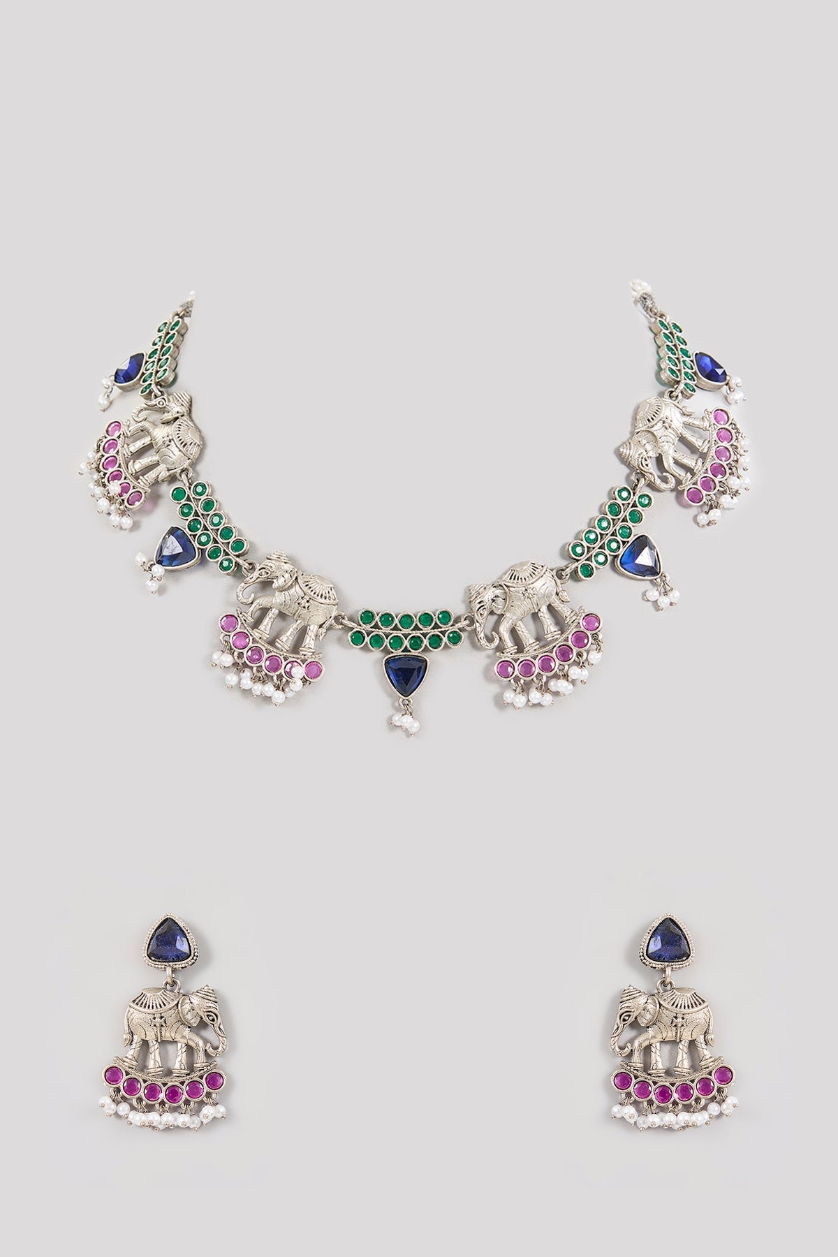 Gold Finish Sapphire Blue Stone & Elephant Motif Necklace Set