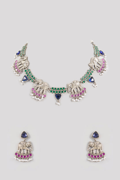 Gold Finish Sapphire Blue Stone & Elephant Motif Necklace Set