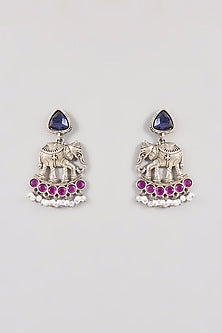 Gold Finish Sapphire Blue Stone & Elephant Motif Necklace Set