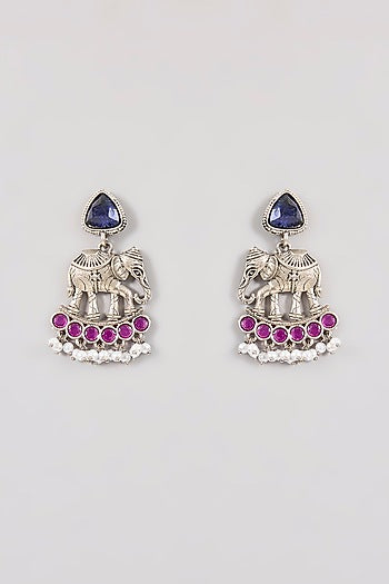 Gold Finish Sapphire Blue Stone & Elephant Motif Necklace Set