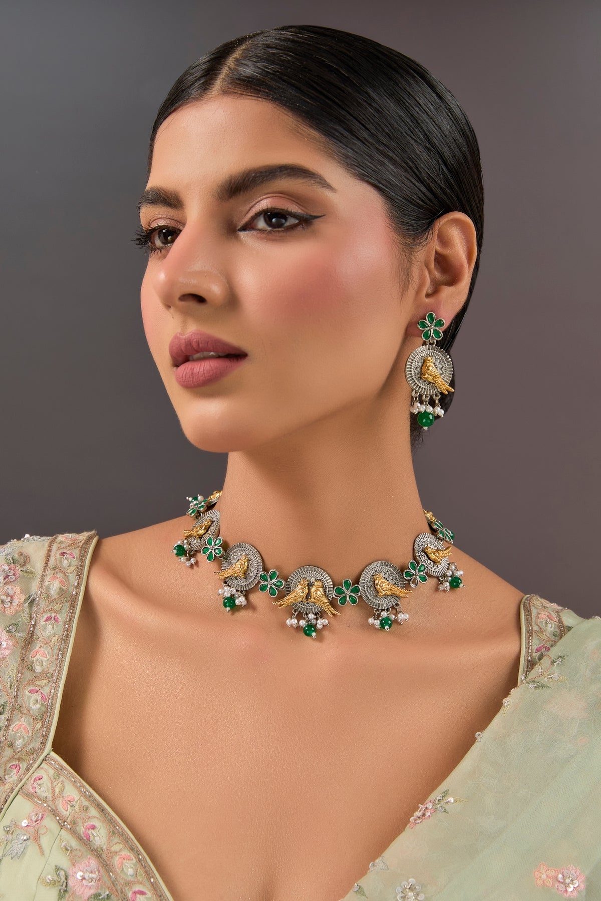 Gold Finish Green Stone & Peacock Motif Necklace Set
