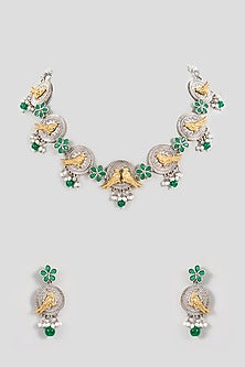 Gold Finish Green Stone & Peacock Motif Necklace Set