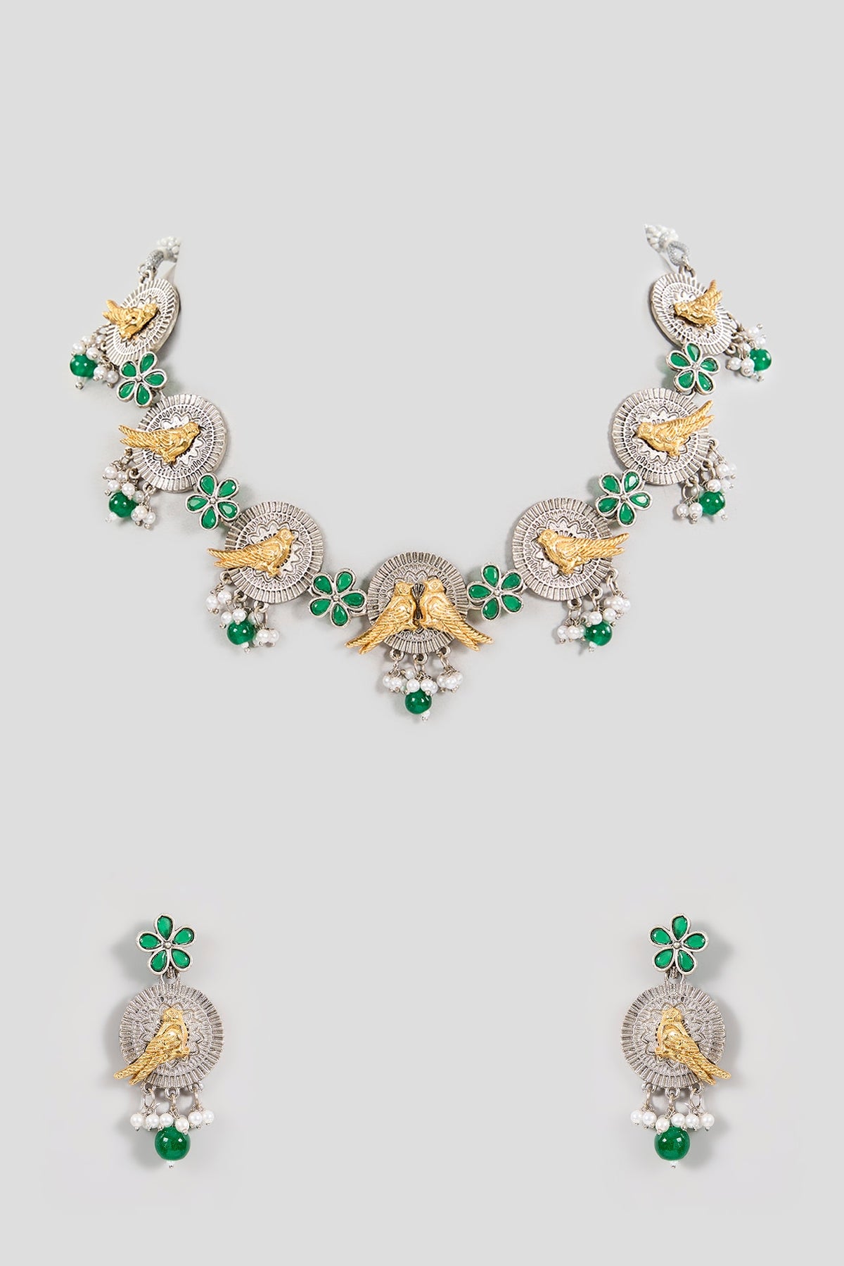 Gold Finish Green Stone & Peacock Motif Necklace Set