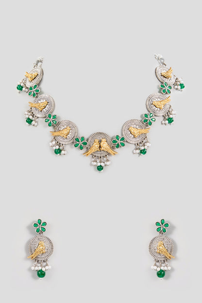 Gold Finish Green Stone & Peacock Motif Necklace Set