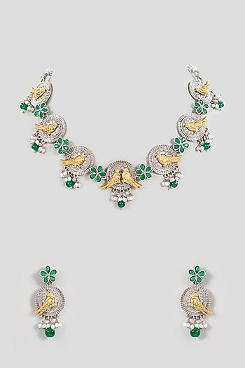 Gold Finish Green Stone & Peacock Motif Necklace Set