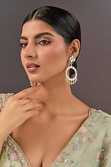 Gold Finish White Stone & Pearl Dangler Earrings