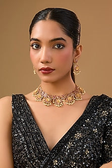 Gold Finish Pink Gemstone & Pearl Choker Necklace Set